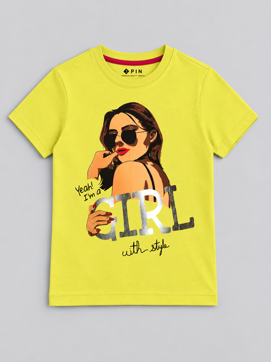 Girls Printed Typography Round Neck Cotton T-Shirt