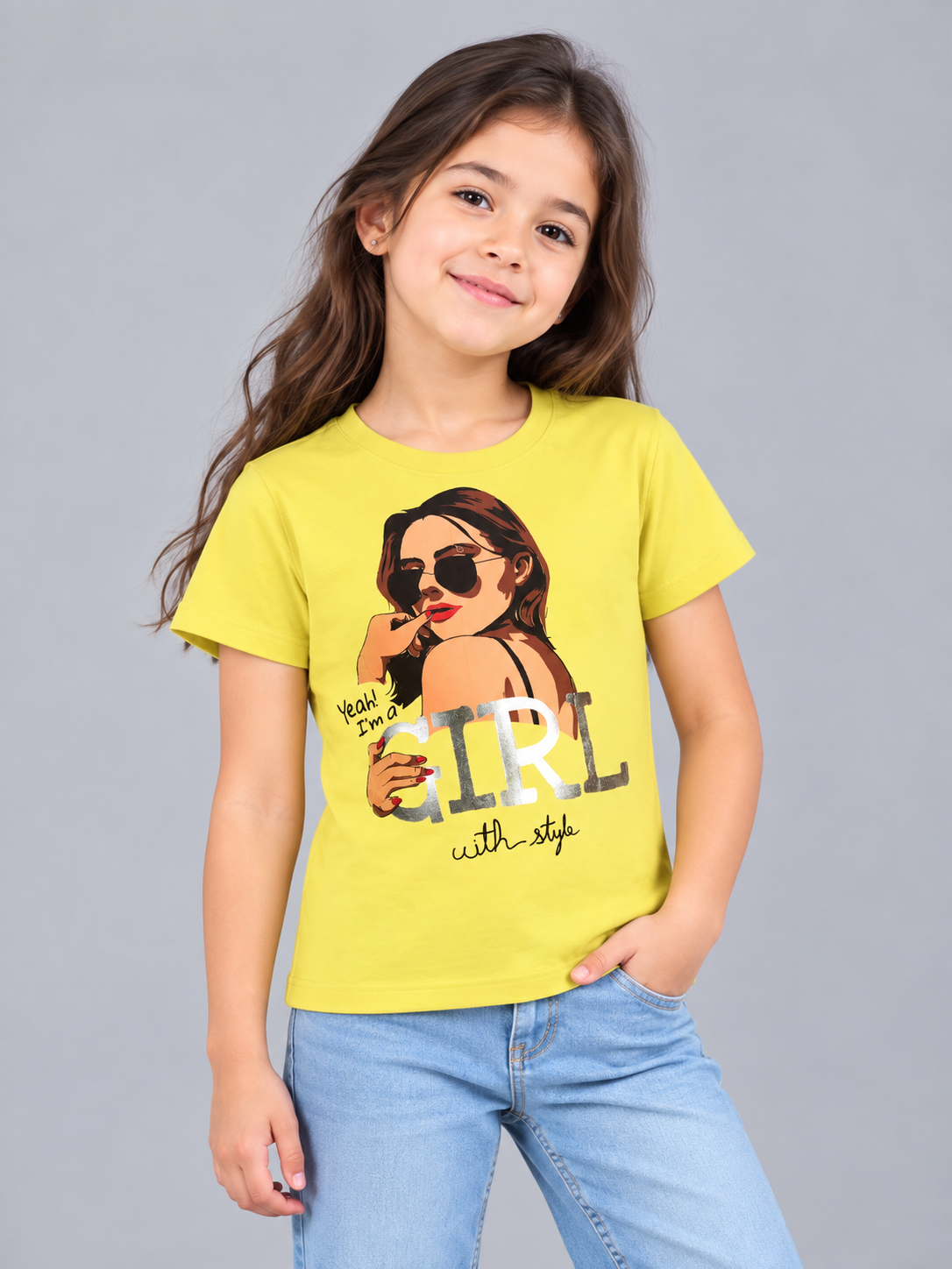Girls Printed Typography Round Neck Cotton T-Shirt