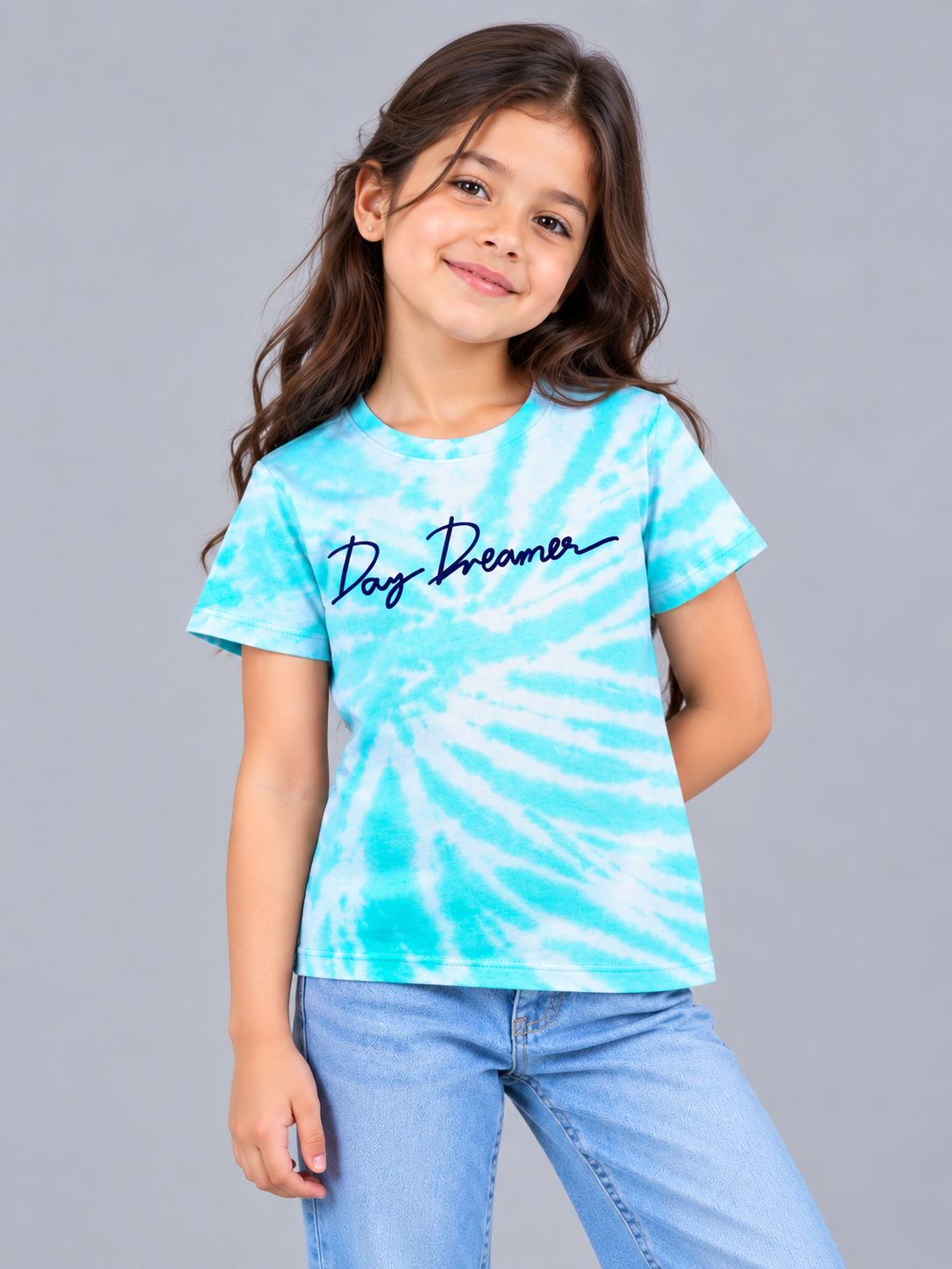 Girls Printed Tie & Dye Round Neck Cotton T-Shirt