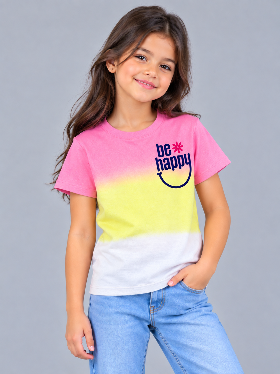 Girls Printed Tie & Dye Round Neck Cotton T-Shirt