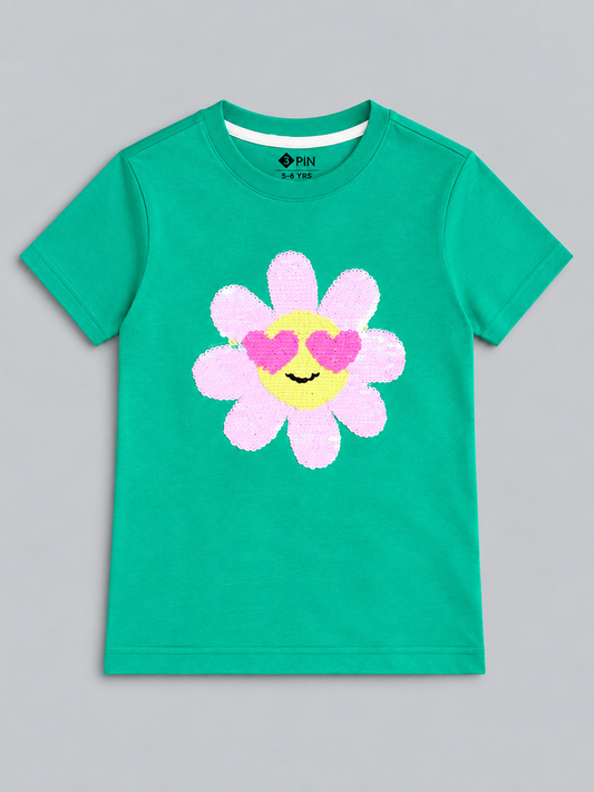 Girls Printed Typography Round Neck Cotton T-Shirt