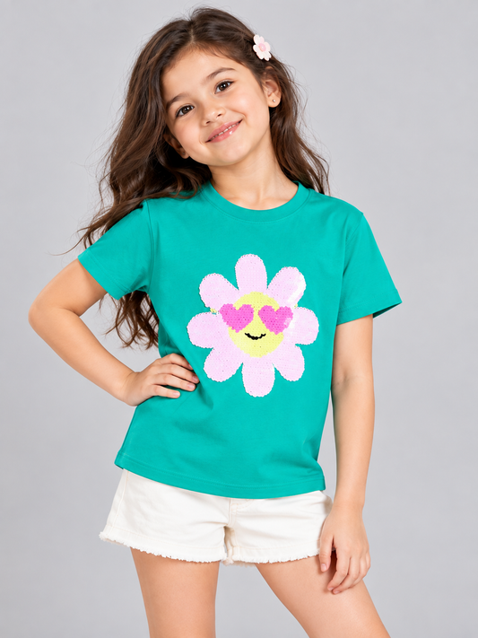 Girls Printed Typography Round Neck Cotton T-Shirt