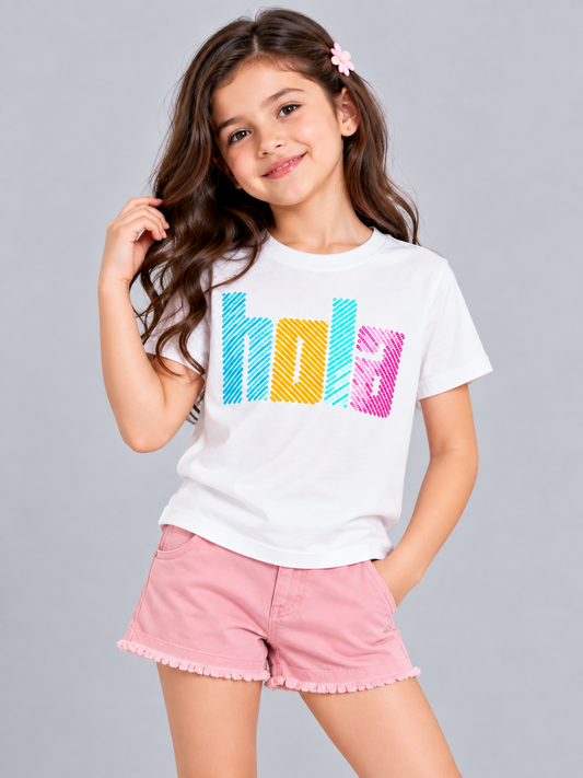 Girls Printed Typography Round Neck Cotton T-Shirt