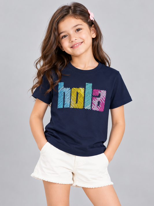 Girls Printed Typography Round Neck Cotton T-Shirt