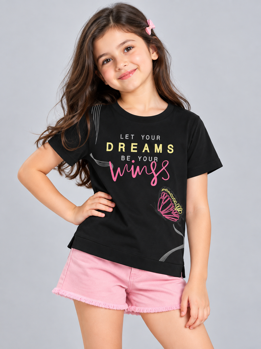 Girls Printed Typography Round Neck Cotton T-Shirt