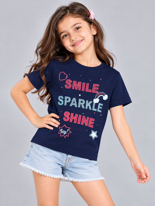 Girls Printed Typography Round Neck Cotton T-Shirt