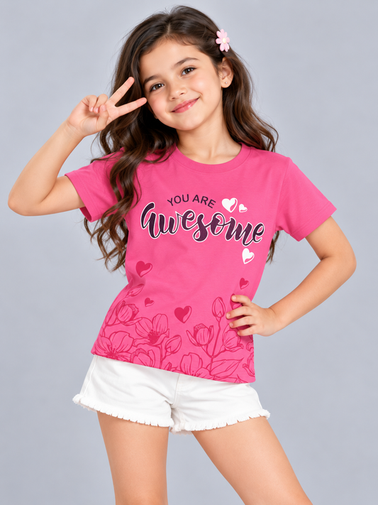Girls Printed Typography Round Neck Cotton T-Shirt