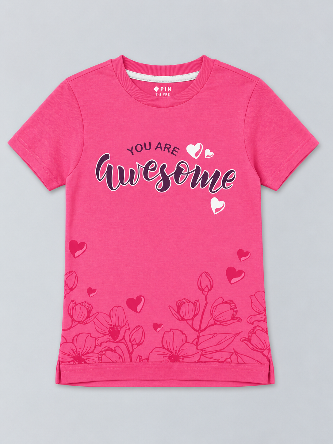 Girls Printed Typography Round Neck Cotton T-Shirt