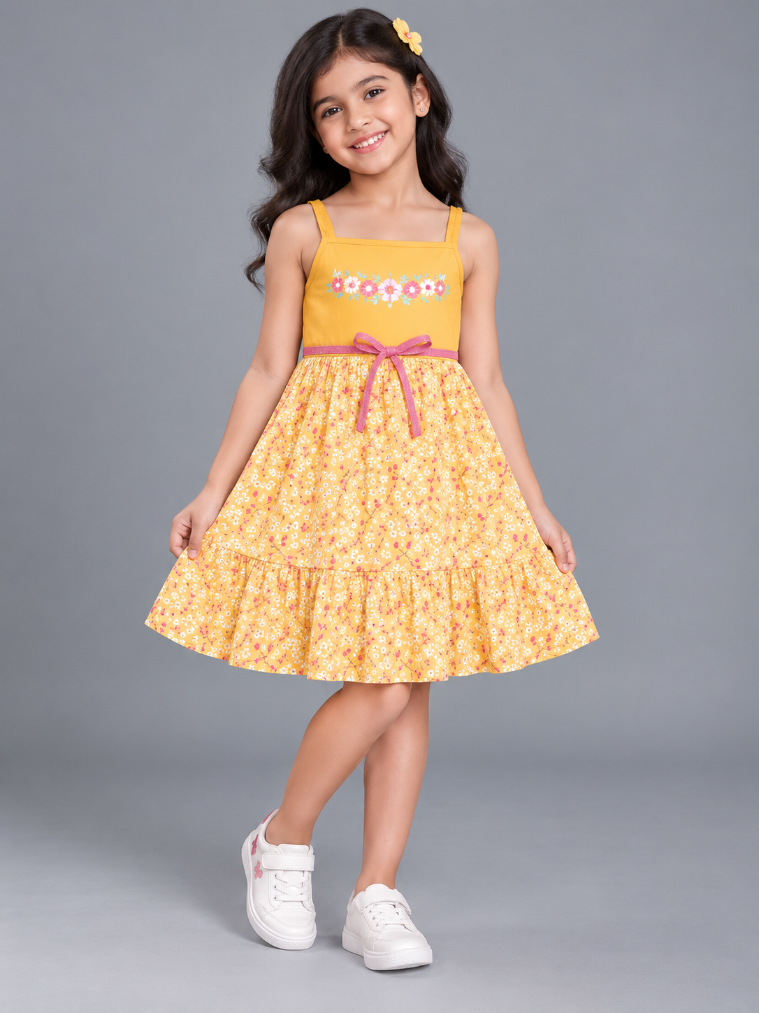 Girls Floral Print Fit & Flare Dress with Waist Tie Up