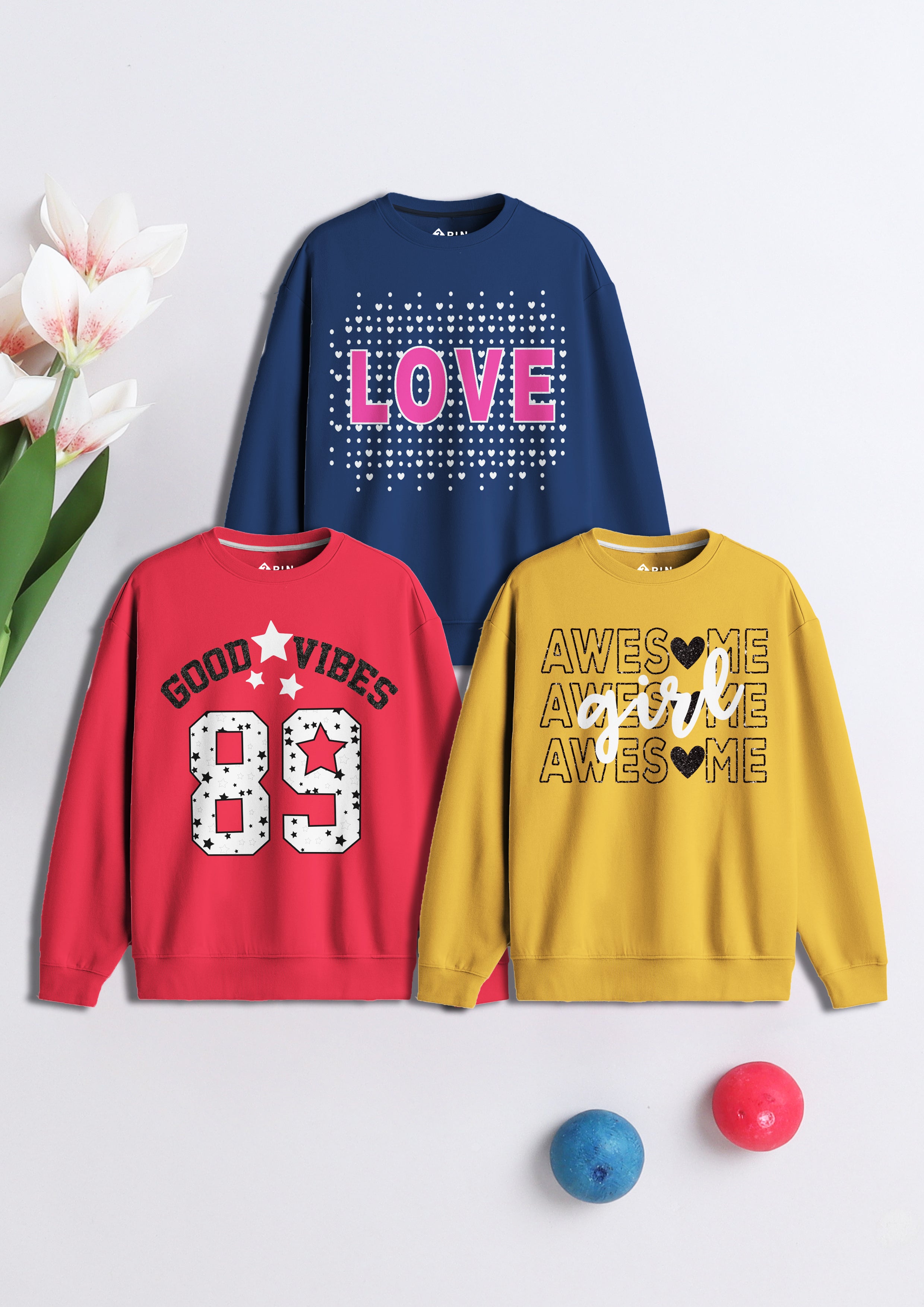 Girls Cotton Printed Round Neck Sweatshirts  (Pack of 3)