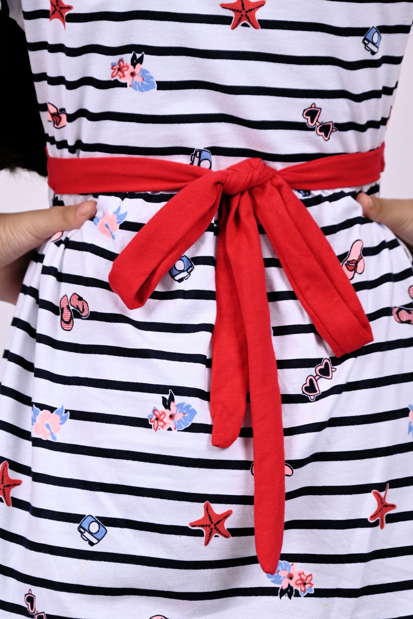 Half Sleeves Rugby Striped &amp; All Over Sunglasses With Camera Printed Fit &amp; Flare Dress - White