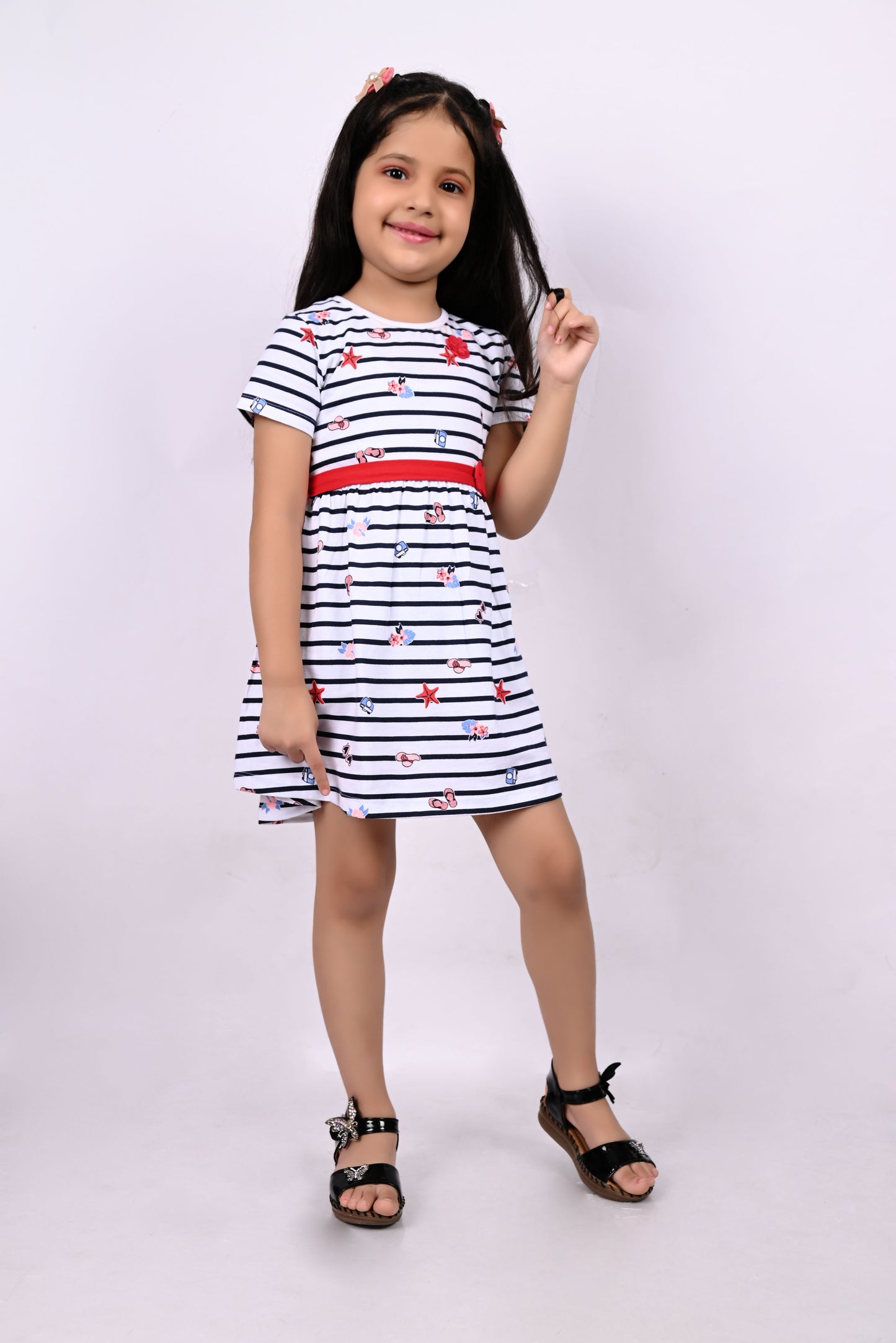 Half Sleeves Rugby Striped &amp; All Over Sunglasses With Camera Printed Fit &amp; Flare Dress - White