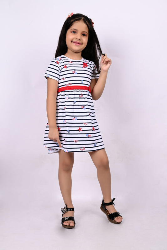 Half Sleeves Rugby Striped &amp; All Over Sunglasses With Camera Printed Fit &amp; Flare Dress - White