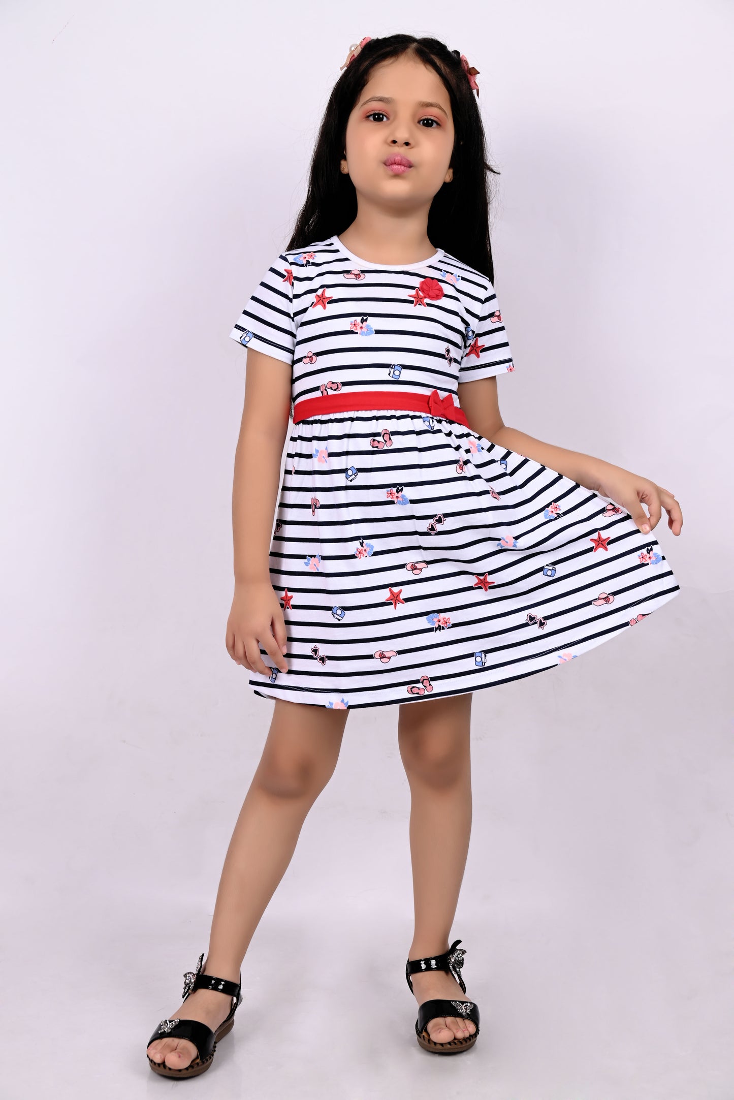 Half Sleeves Rugby Striped &amp; All Over Sunglasses With Camera Printed Fit &amp; Flare Dress - White
