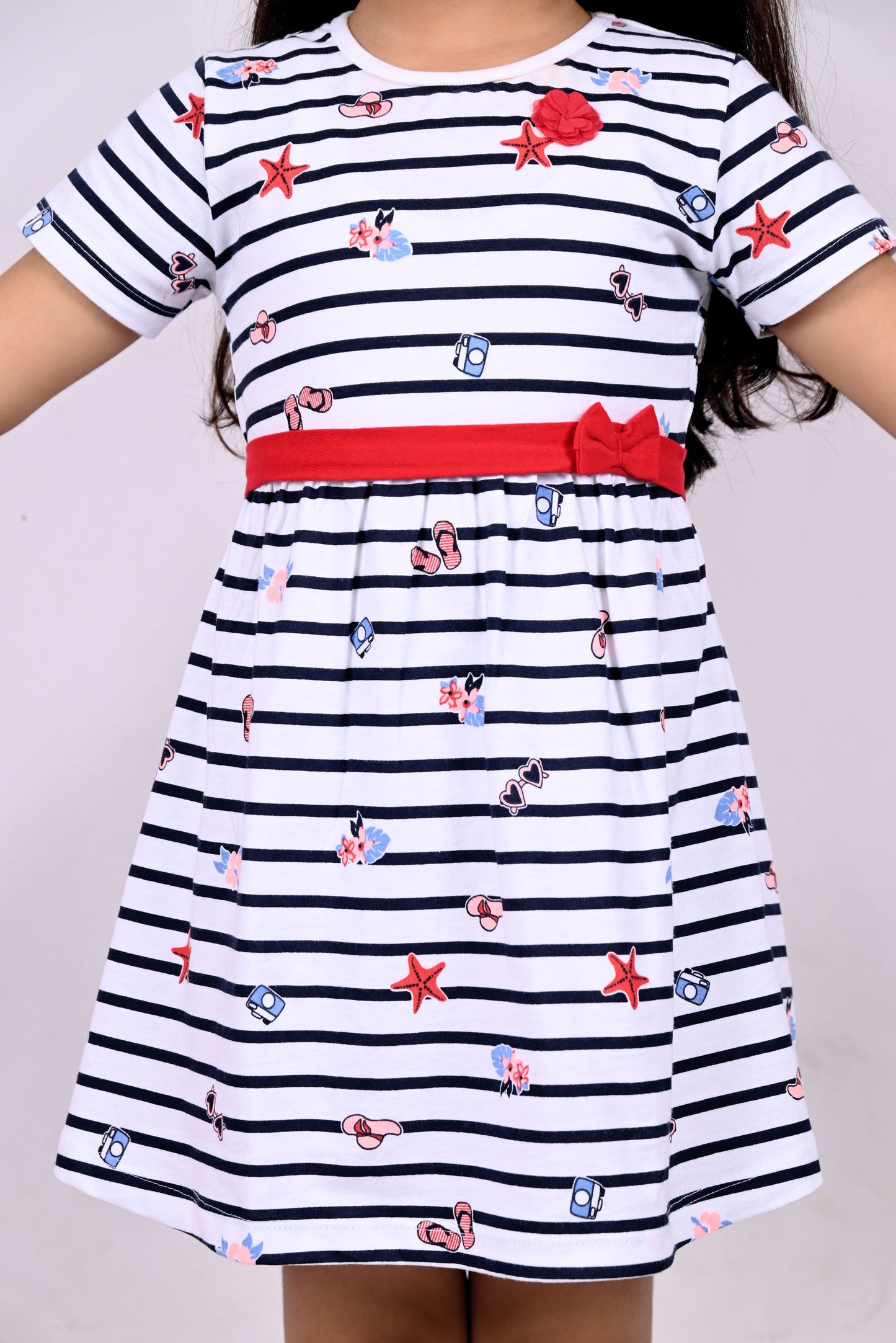 Half Sleeves Rugby Striped &amp; All Over Sunglasses With Camera Printed Fit &amp; Flare Dress - White