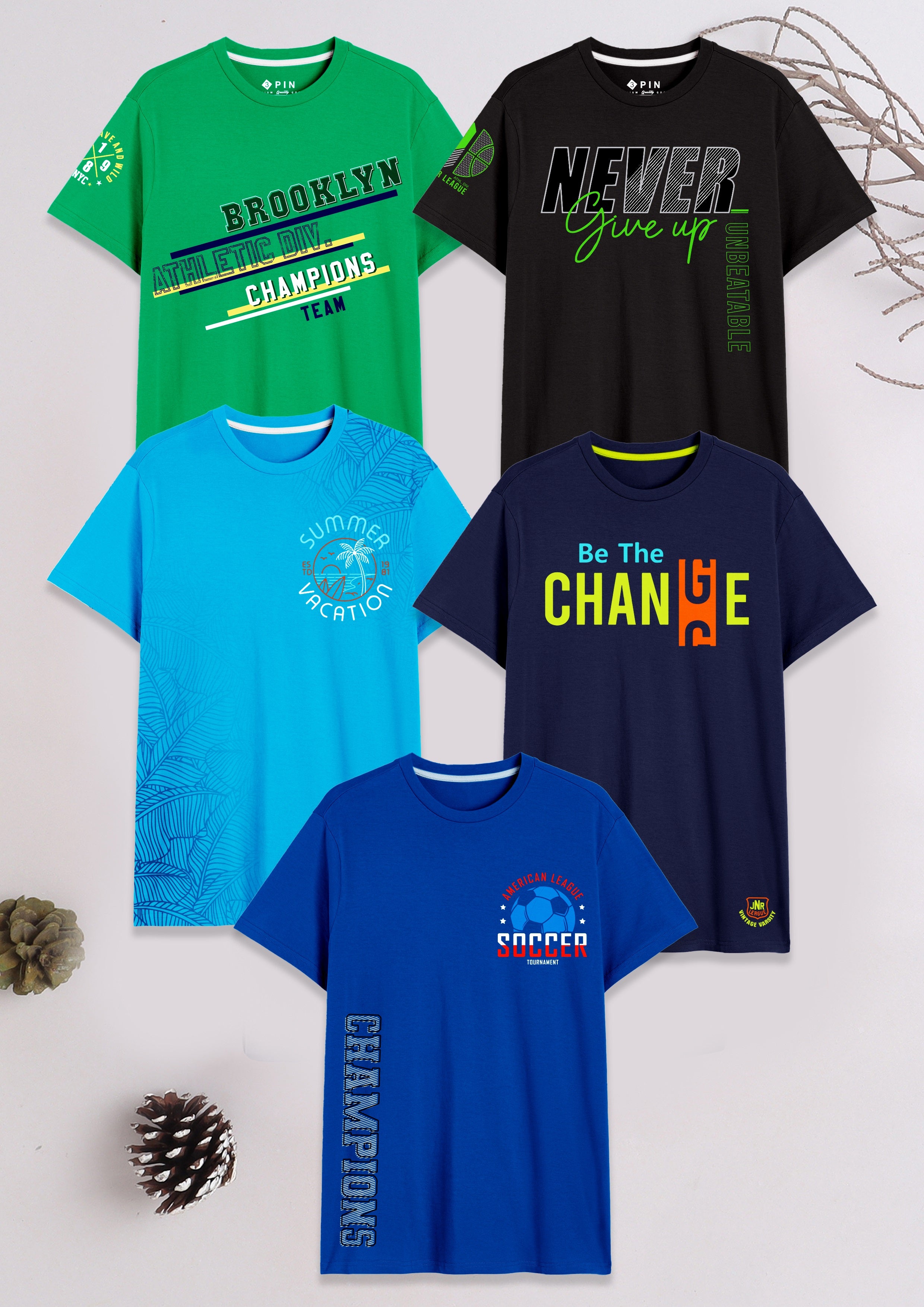 Boys Cotton Printed Round Neck T-Shirt - Pack of 5