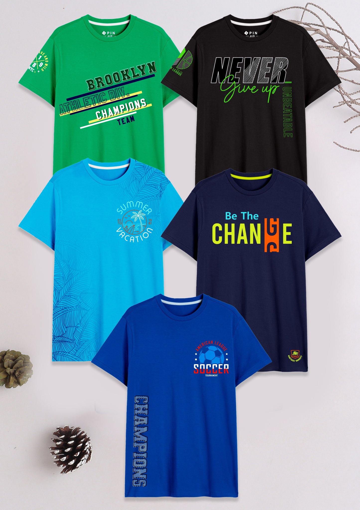 Boys Cotton Printed Round Neck T-Shirt - Pack of 5