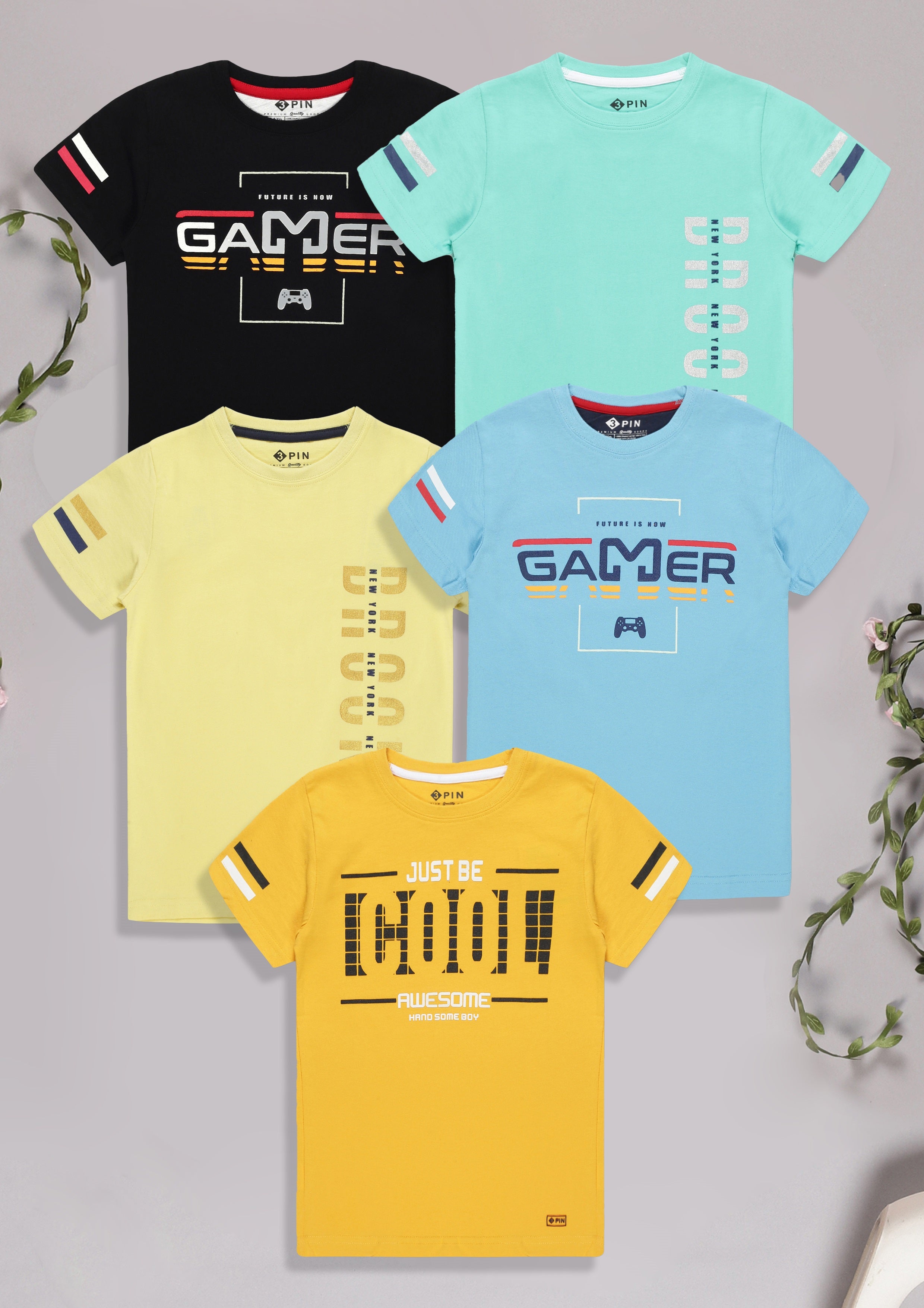 Boys Cotton Printed Round Neck T-Shirt - Pack of 5