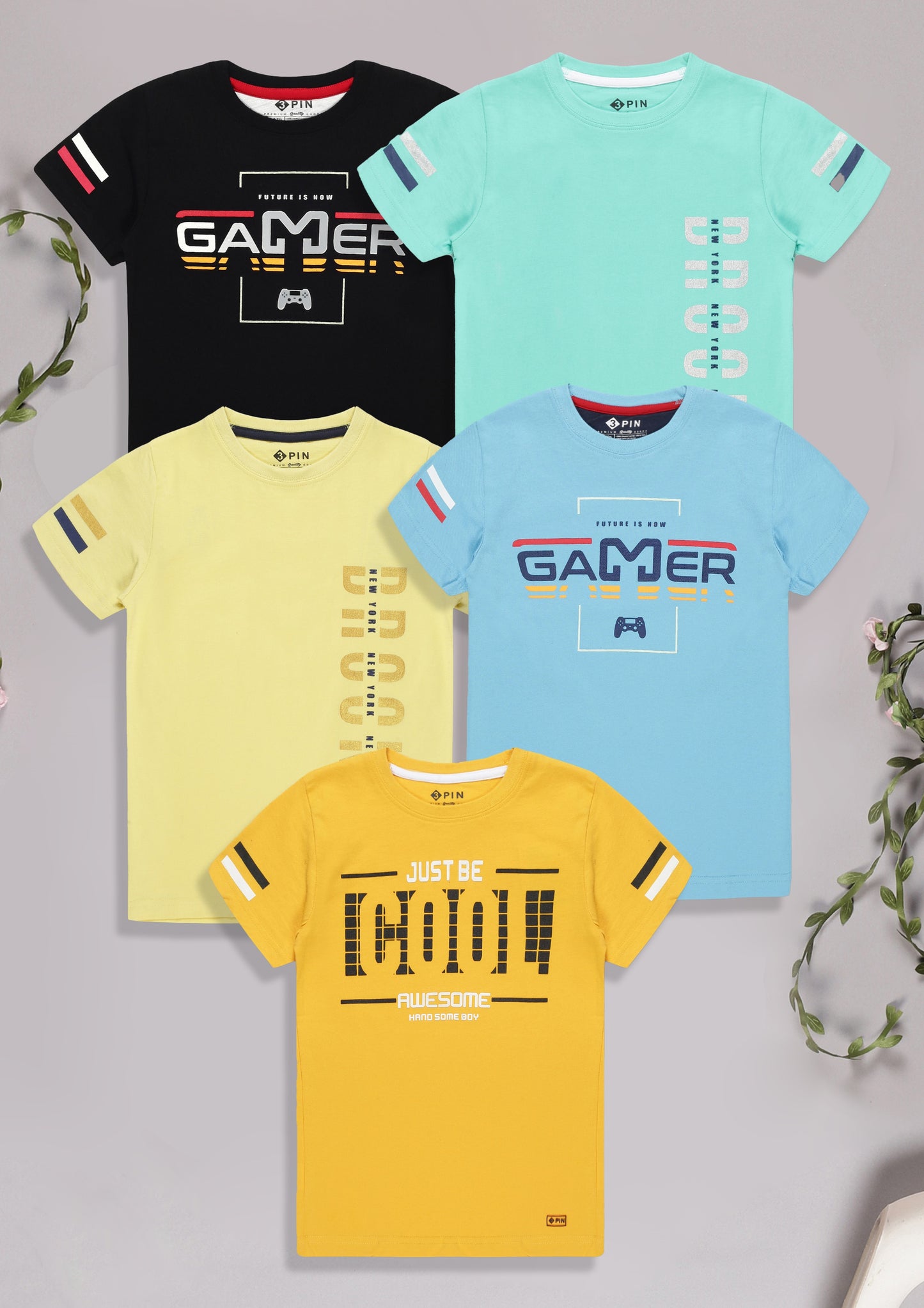 Boys Cotton Printed Round Neck T-Shirt - Pack of 5