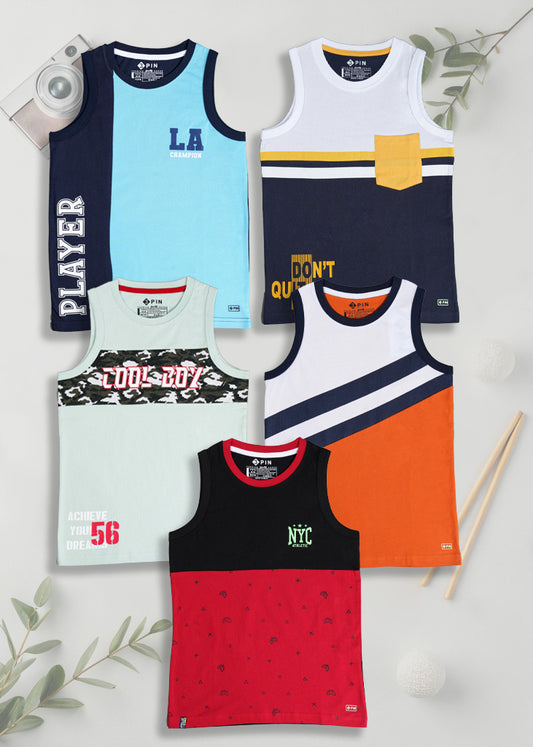 Boys Cotton Printed Round Neck Sleeveless Vests - Pack of 5