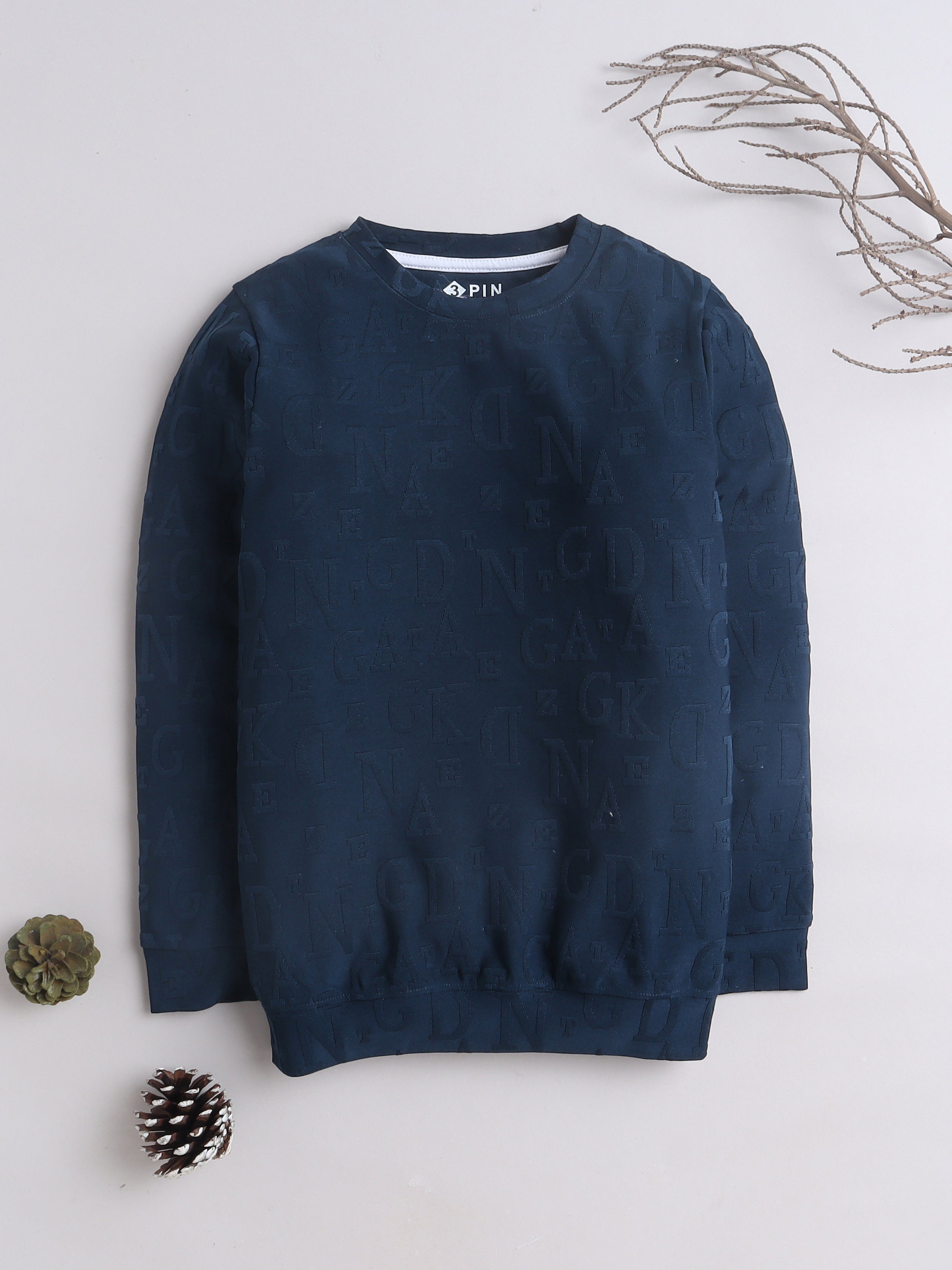 Boys Embossed Letter Round Neck T-Shirt - Navy Blue