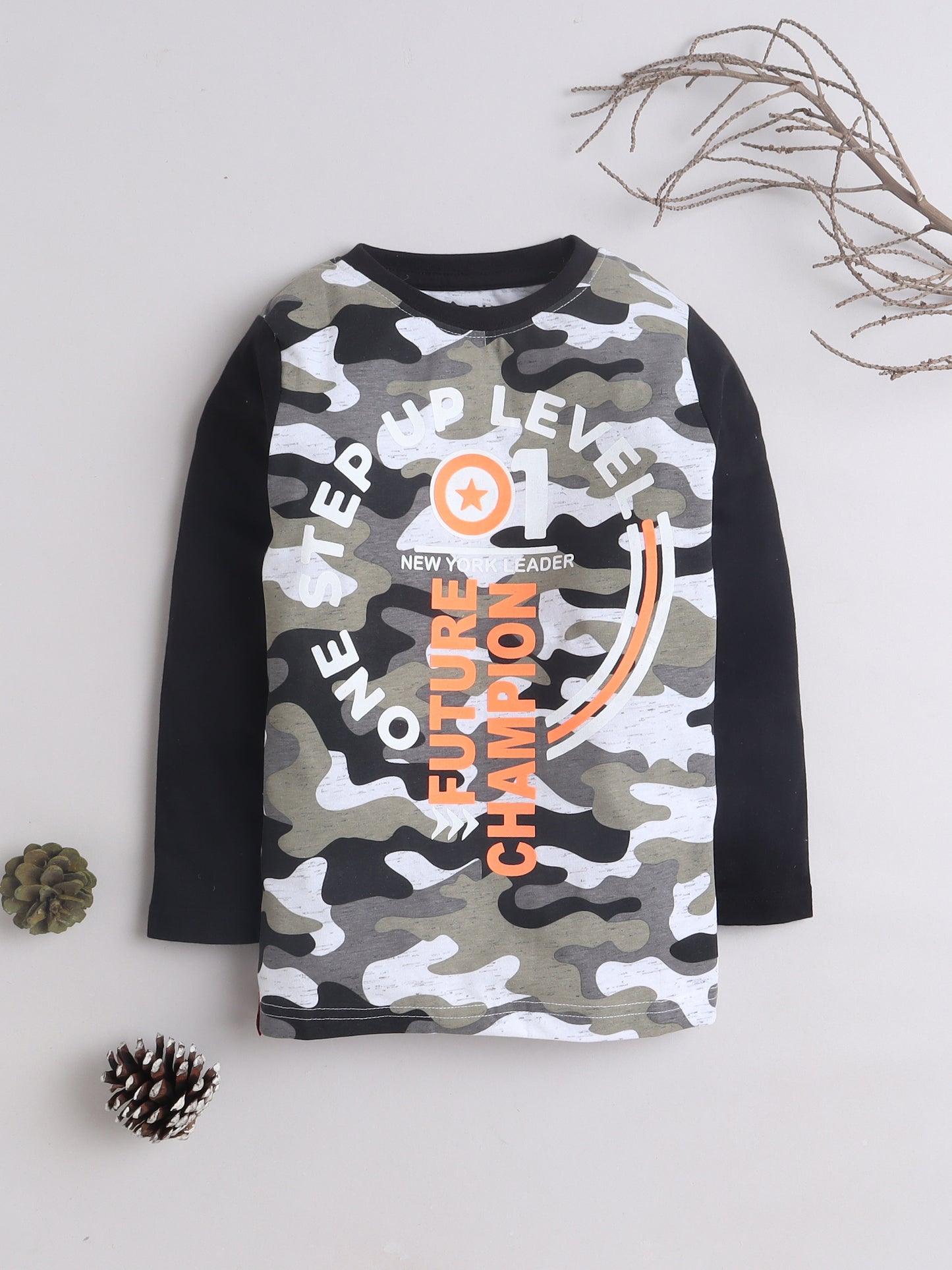 Boys Cotton Camouflage Printed Round Neck T-Shirt