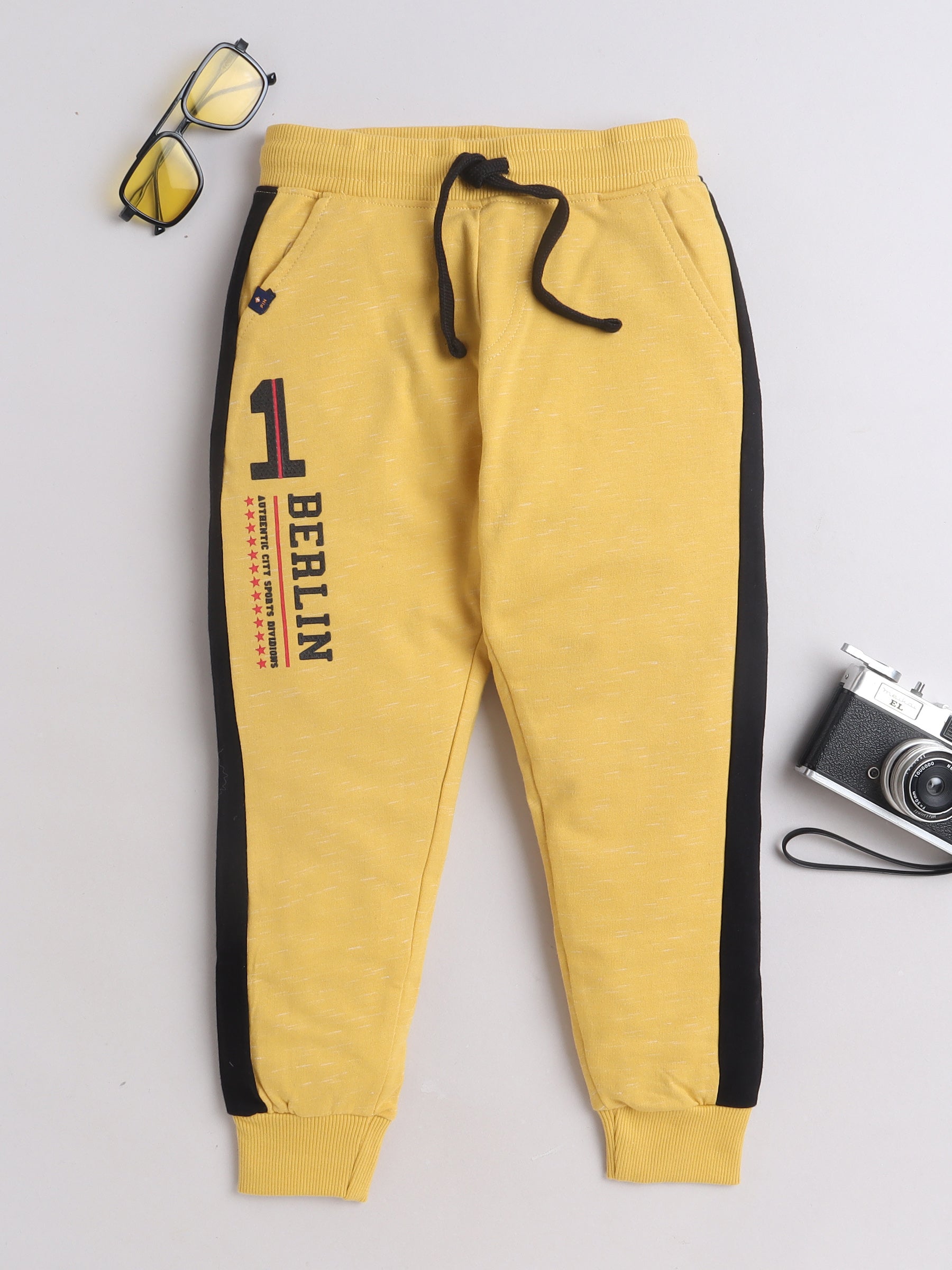 Boys' Cotton Solid Joggers With Drawstring Closure - Mustard