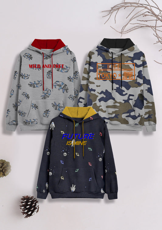 Boys Cotton Printed Round Neck Sweatshirts with Hoodie (Pack of 3)