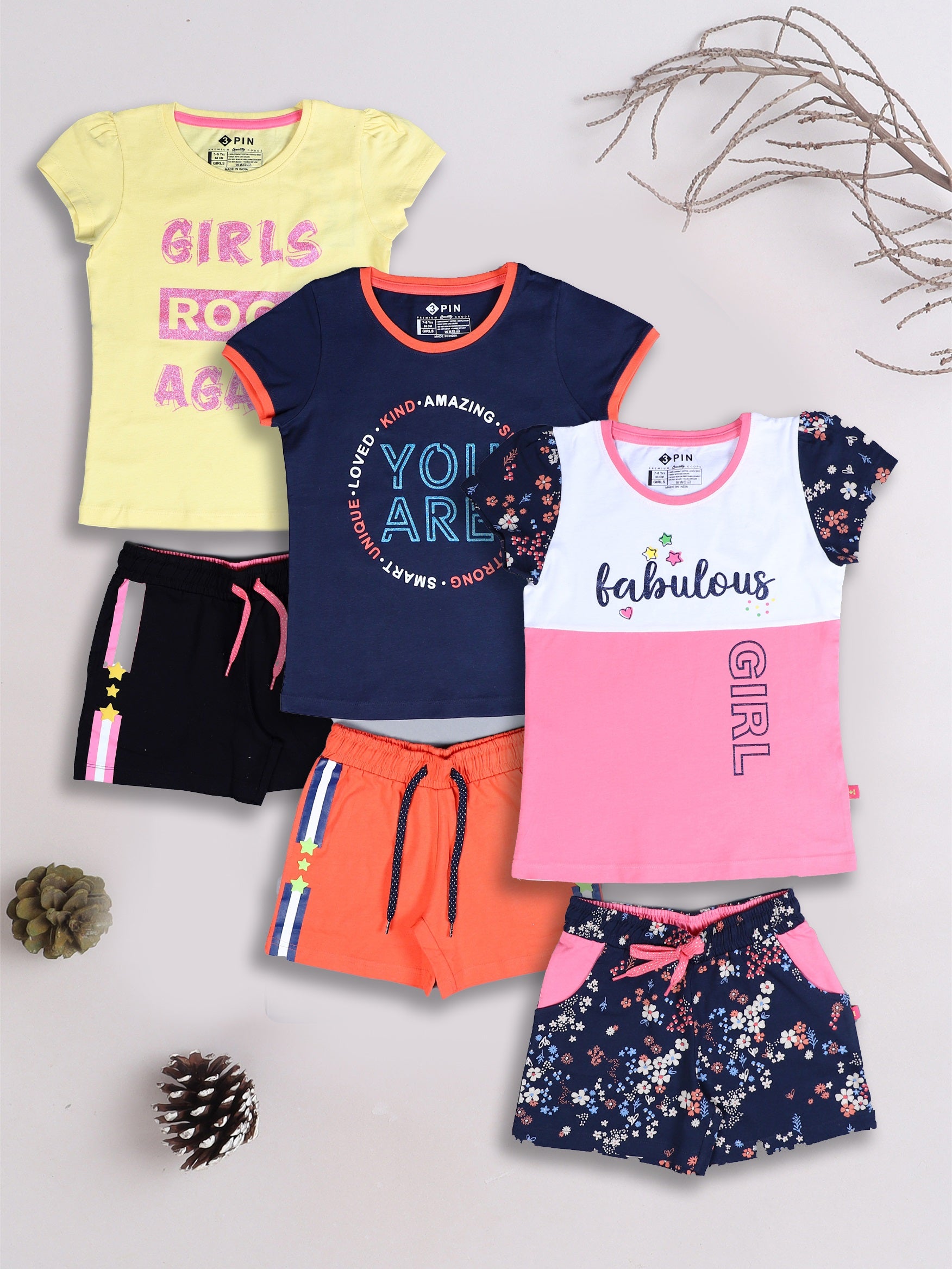 Girls T-Shirt & Shorts Combo Set - Pack of 3