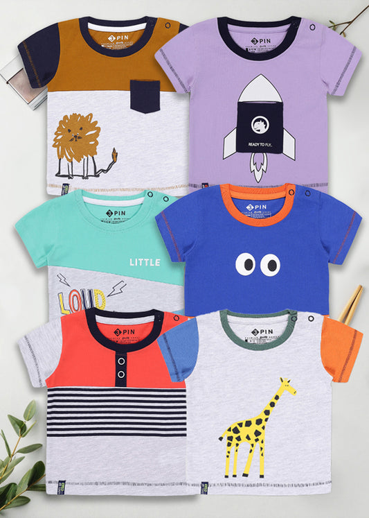 Infant Boys Cotton Printed Round Neck T-Shirt - Pack of 6