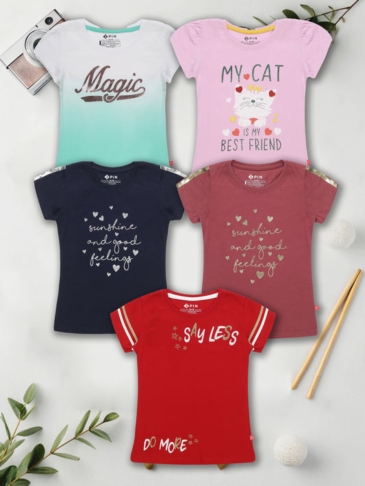 Girls Cotton Printed Round Neck T-Shirt - Pack of 5