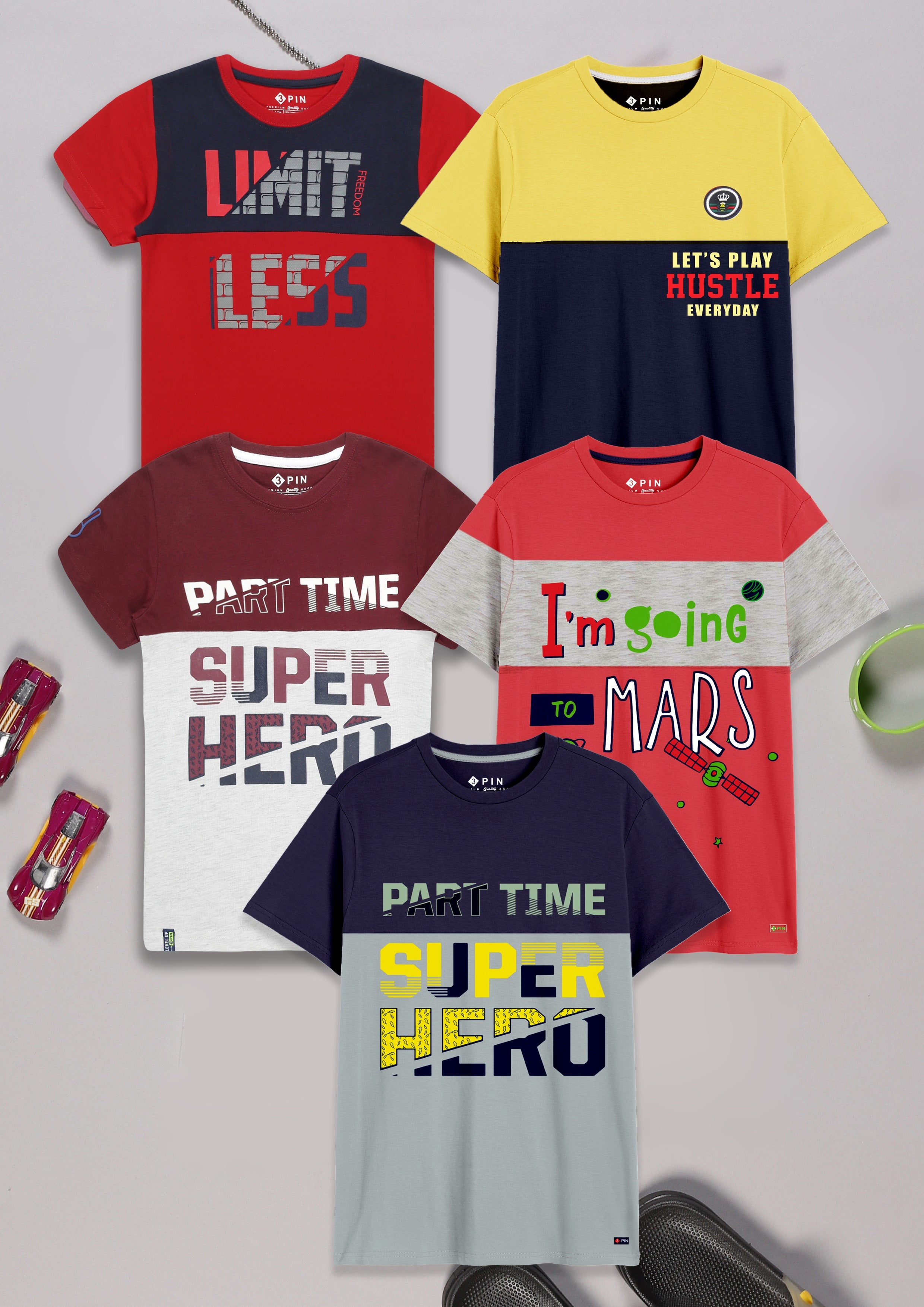 Boys Cotton Printed Round Neck T-Shirt - Pack of 5