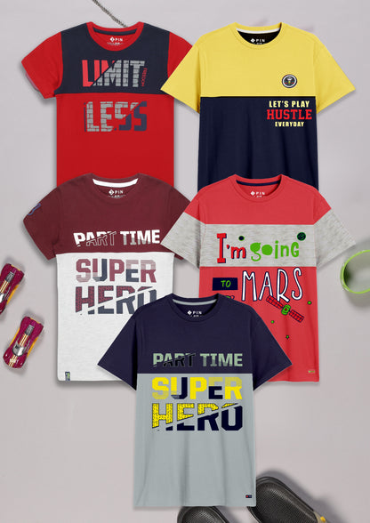 Boys Cotton Printed Round Neck T-Shirt - Pack of 5