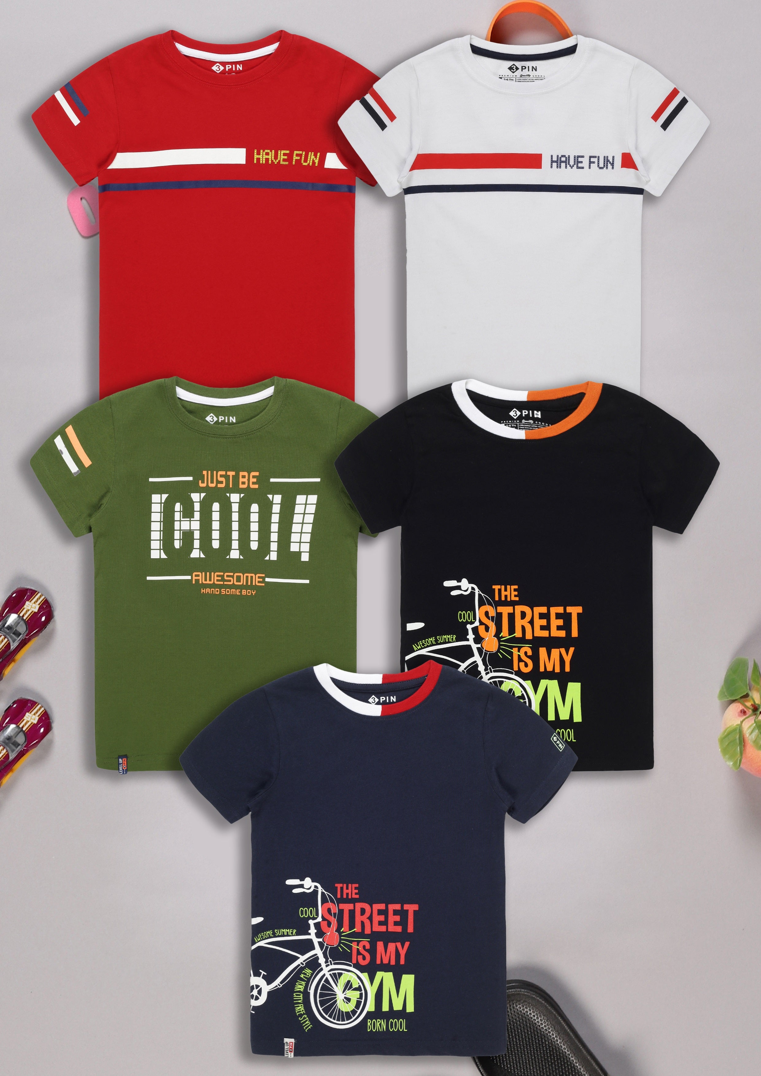 Boys Cotton Printed Round Neck T-Shirt - Pack of 5