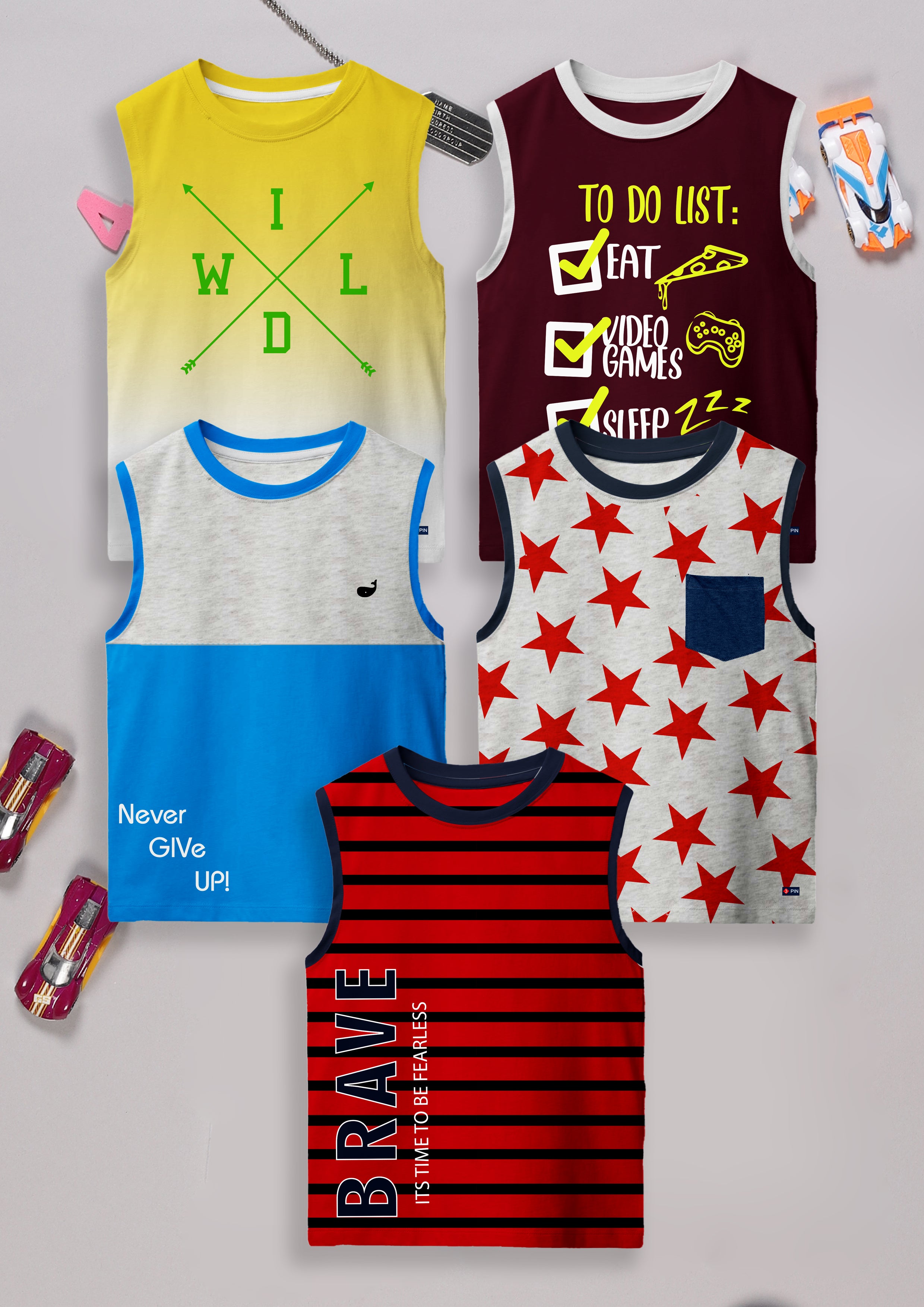 Boys Cotton Printed Round Neck Sleeveless Vests - Pack of 5