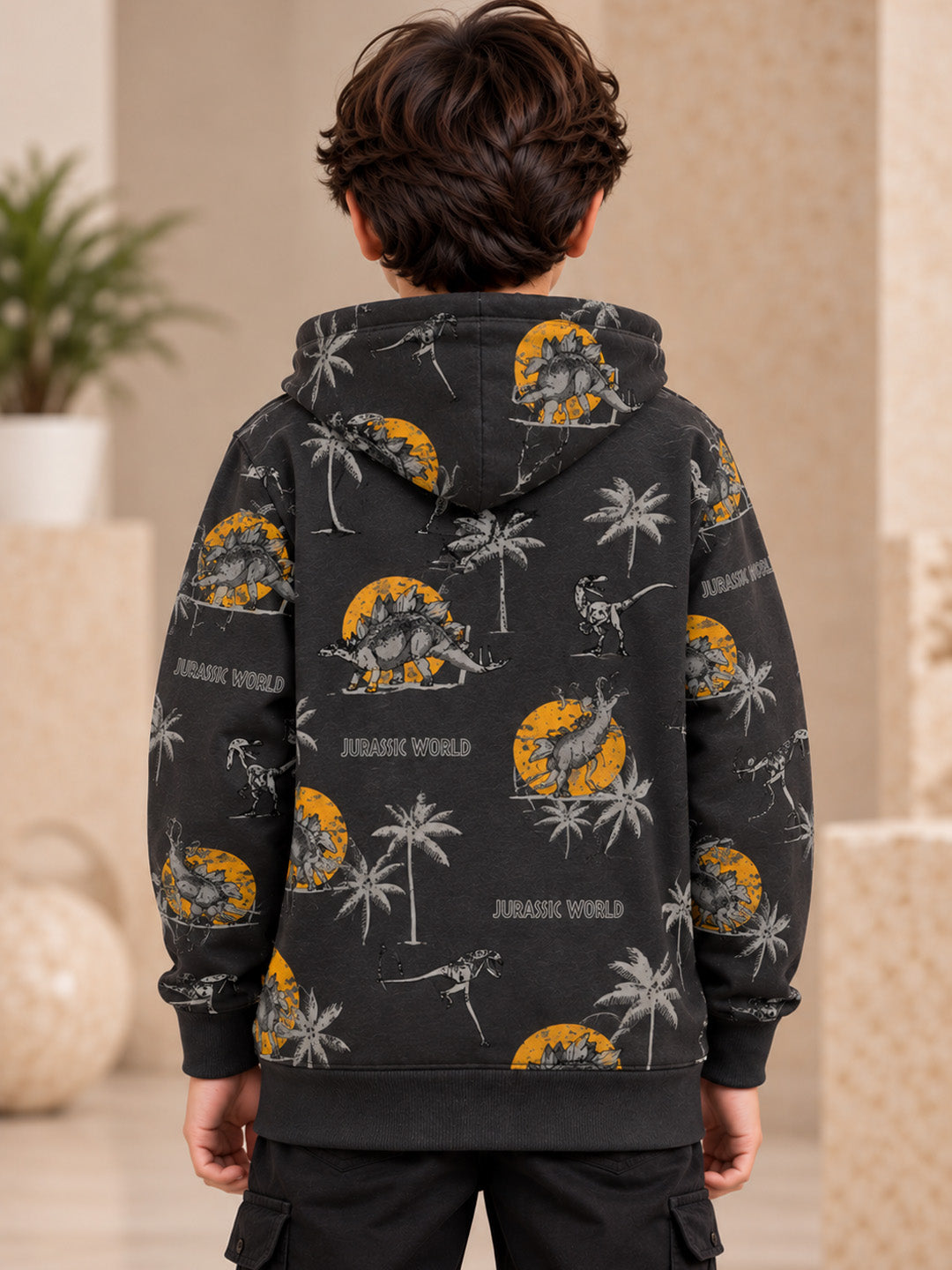 3Pin Glitter Printed Hooded Sweatshirt - Charcol