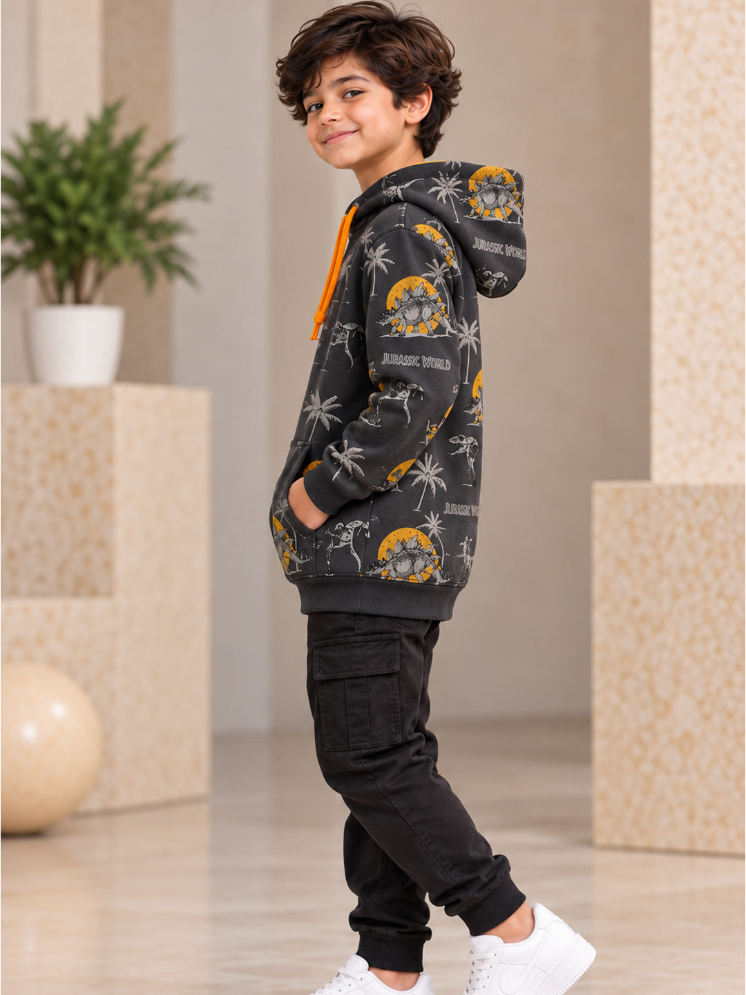 3Pin Glitter Printed Hooded Sweatshirt - Charcol
