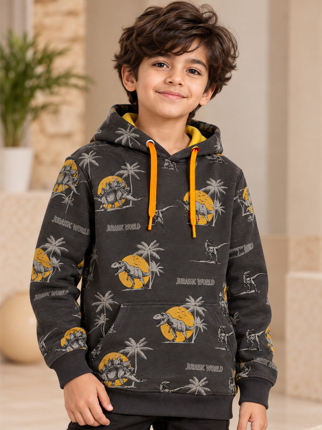 3Pin Glitter Printed Hooded Sweatshirt - Charcol
