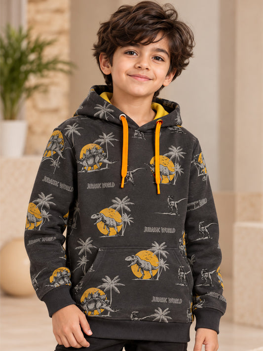 3Pin Glitter Printed Hooded Sweatshirt - Charcol