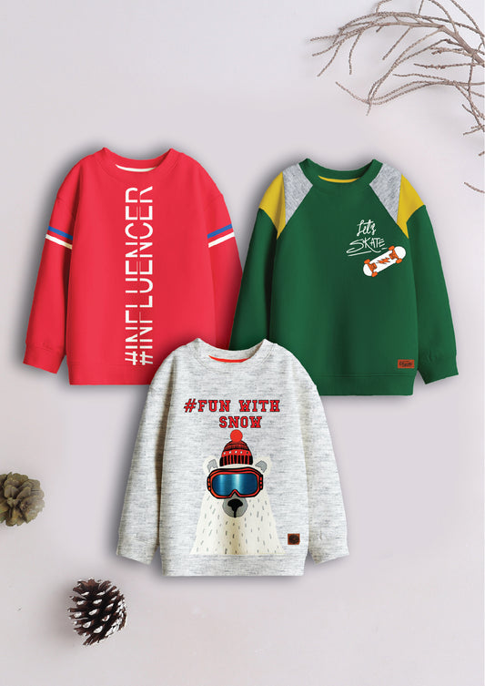 Boys Cotton Printed Round Neck Sweatshirts  (Pack of 3)