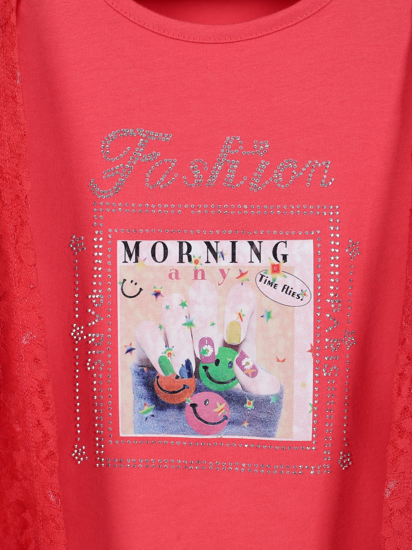 Girls Floral Printed Round Neck Puff Sleeves Lace-Up Cotton Regular Top