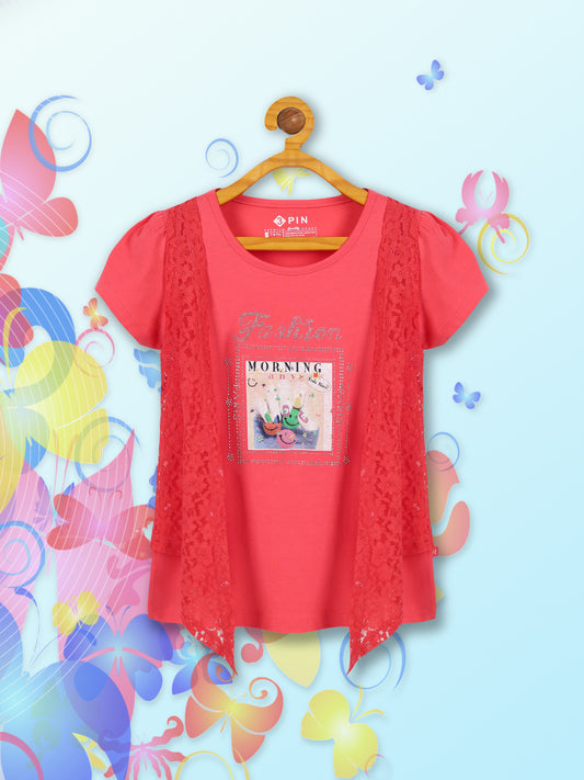 Girls Floral Printed Round Neck Puff Sleeves Lace-Up Cotton Regular Top