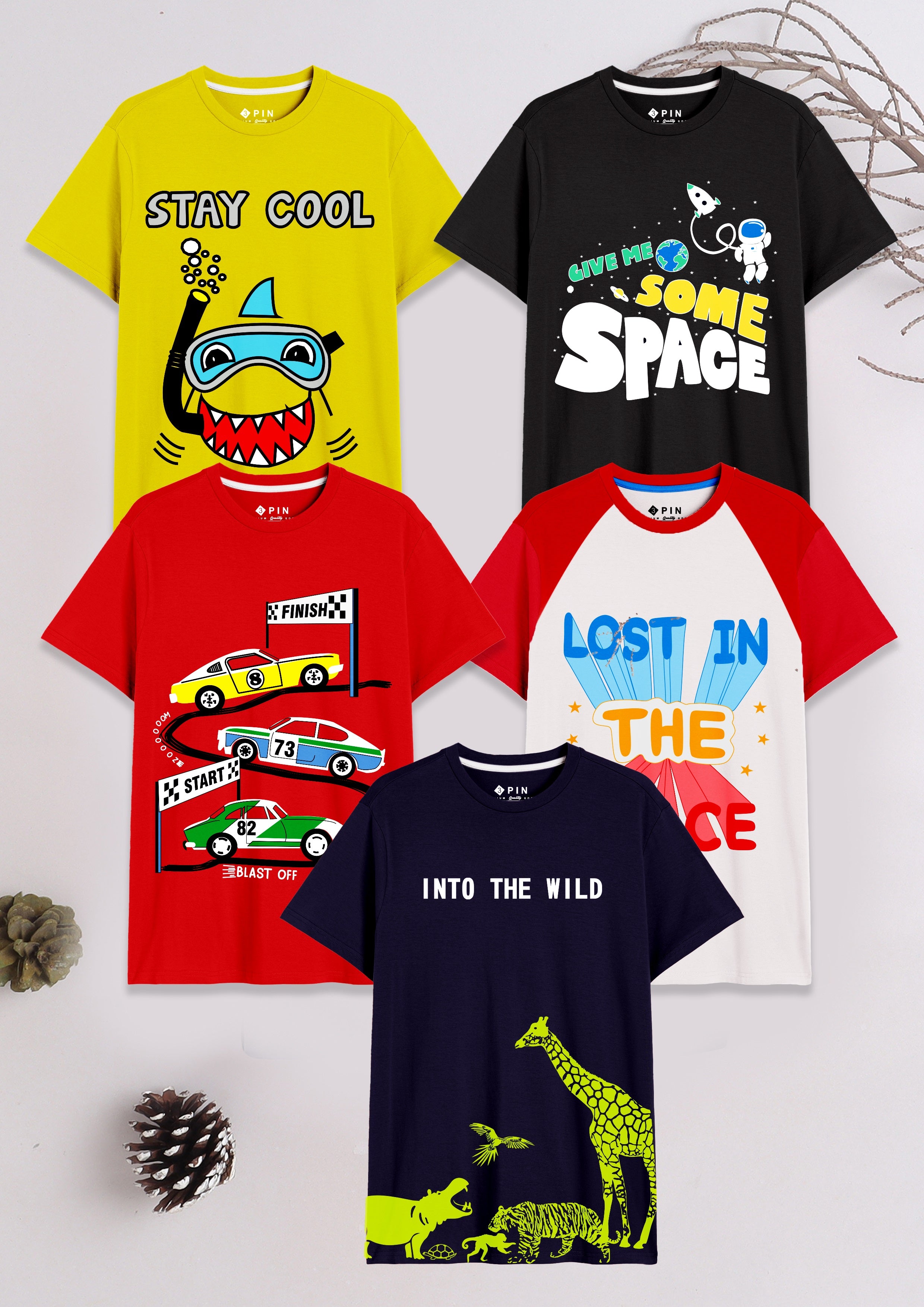 Boys Cotton Printed Round Neck T-Shirt - Pack of 5