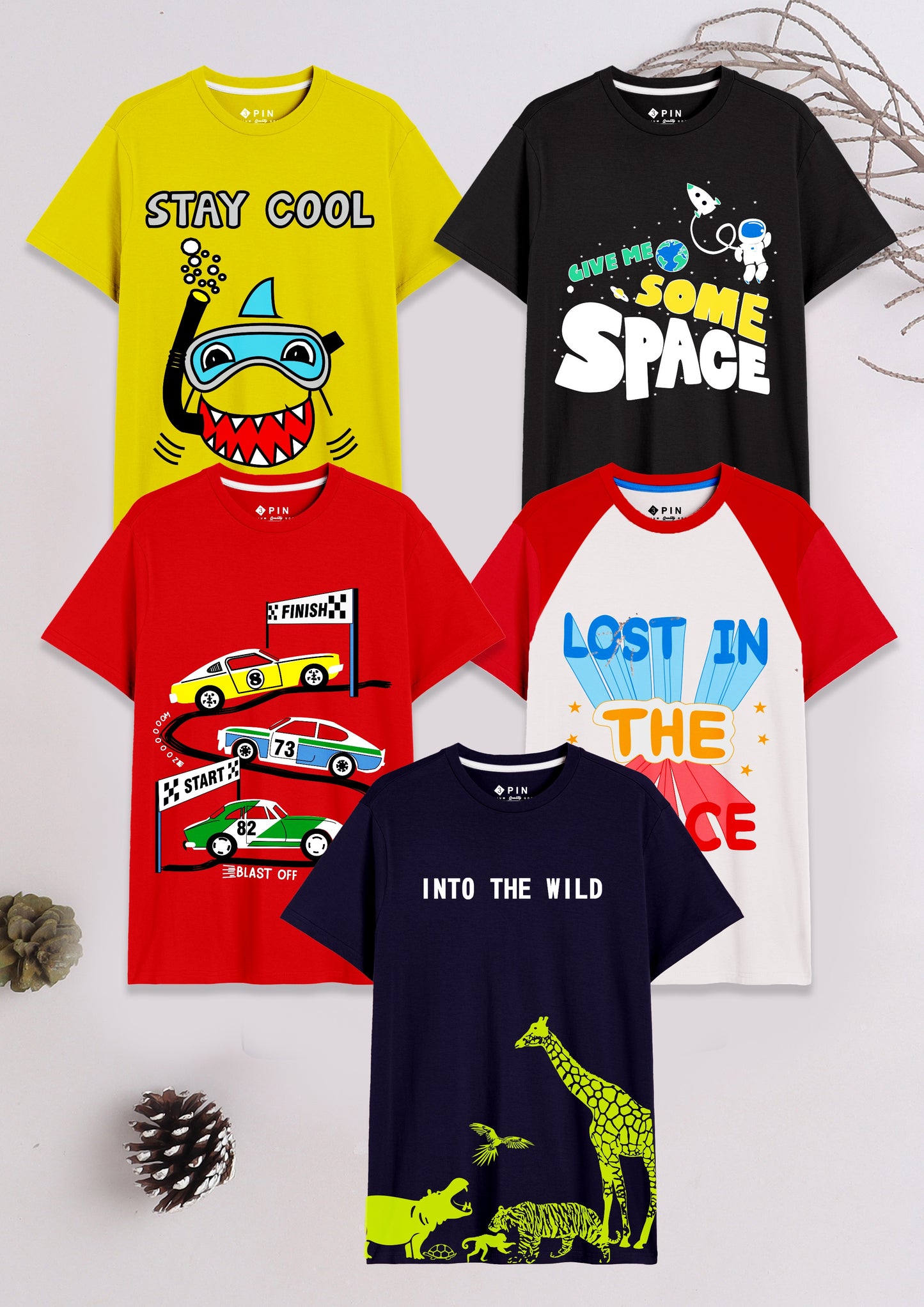 Boys Cotton Printed Round Neck T-Shirt - Pack of 5