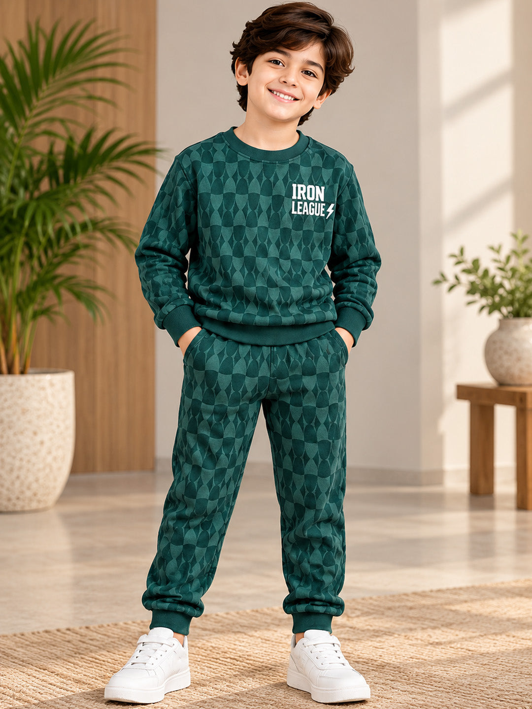 3Pin  Full Sleeve Iron  Printed T-shirt and Pant Set - Green
