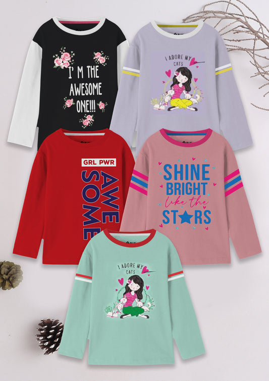 Girls Cotton Printed Round Neck T-Shirts (Pack of 5)