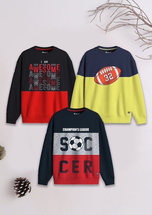 Boys Cotton Printed Round Neck Sweatshirts  (Pack of 3)