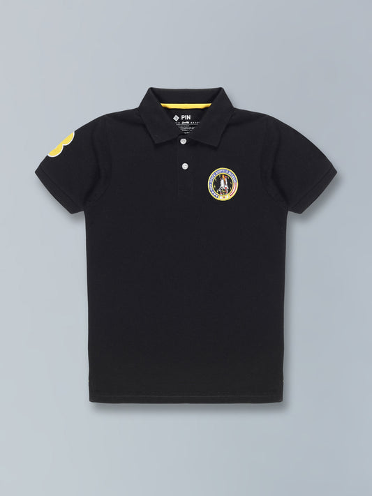 Boys Black Polo Collar T-Shirt With Embroidery