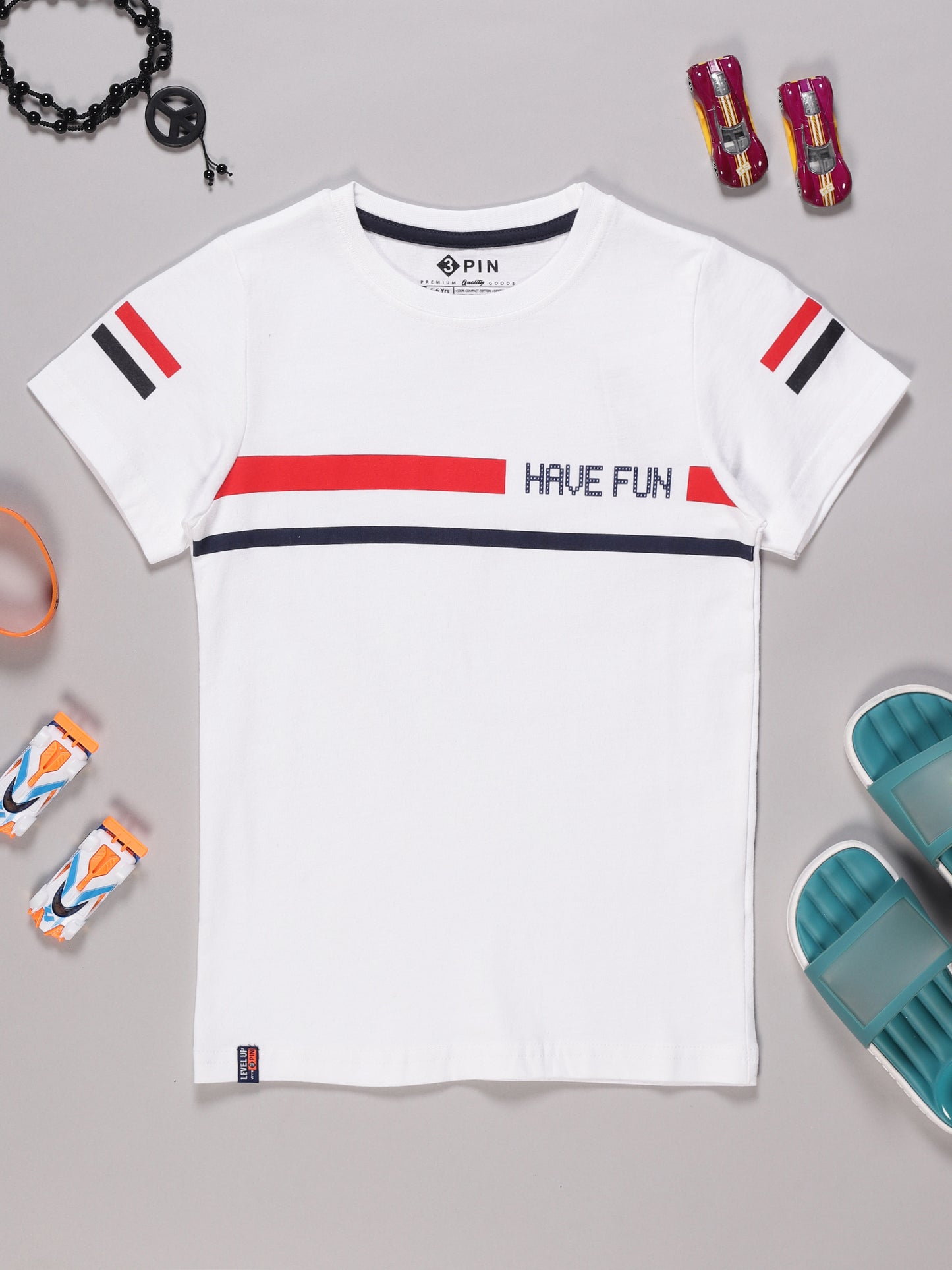 Boys White Red Stripes Have Fun HD Printed Cotton T-shirt